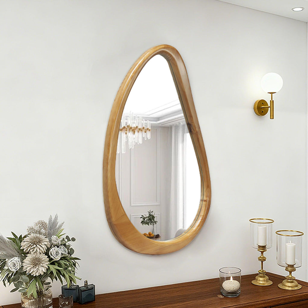 Teardrop Wooden Wall Mirror for Modern Home Decor.
