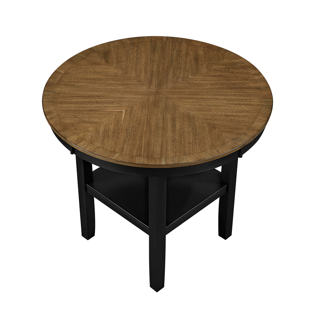 Top angled view of round counter height table with wood grain finish and black legs, showcasing central storage shelf.
