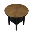 Top angled view of round counter height table with wood grain finish and black legs, showcasing central storage shelf.