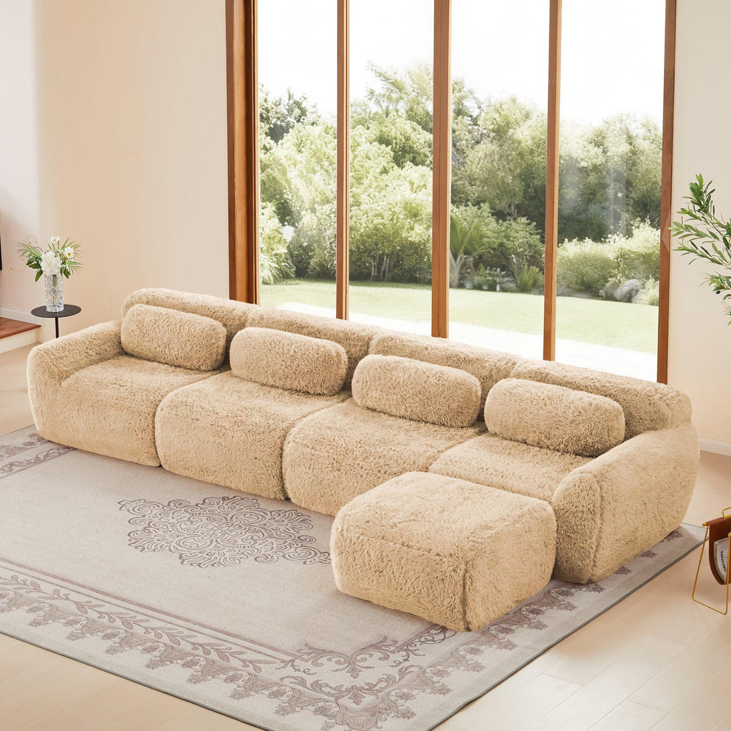 L-shaped Modular Sectional Sofa Couches, Plush Fabric, No Assembly, Light Khaki.