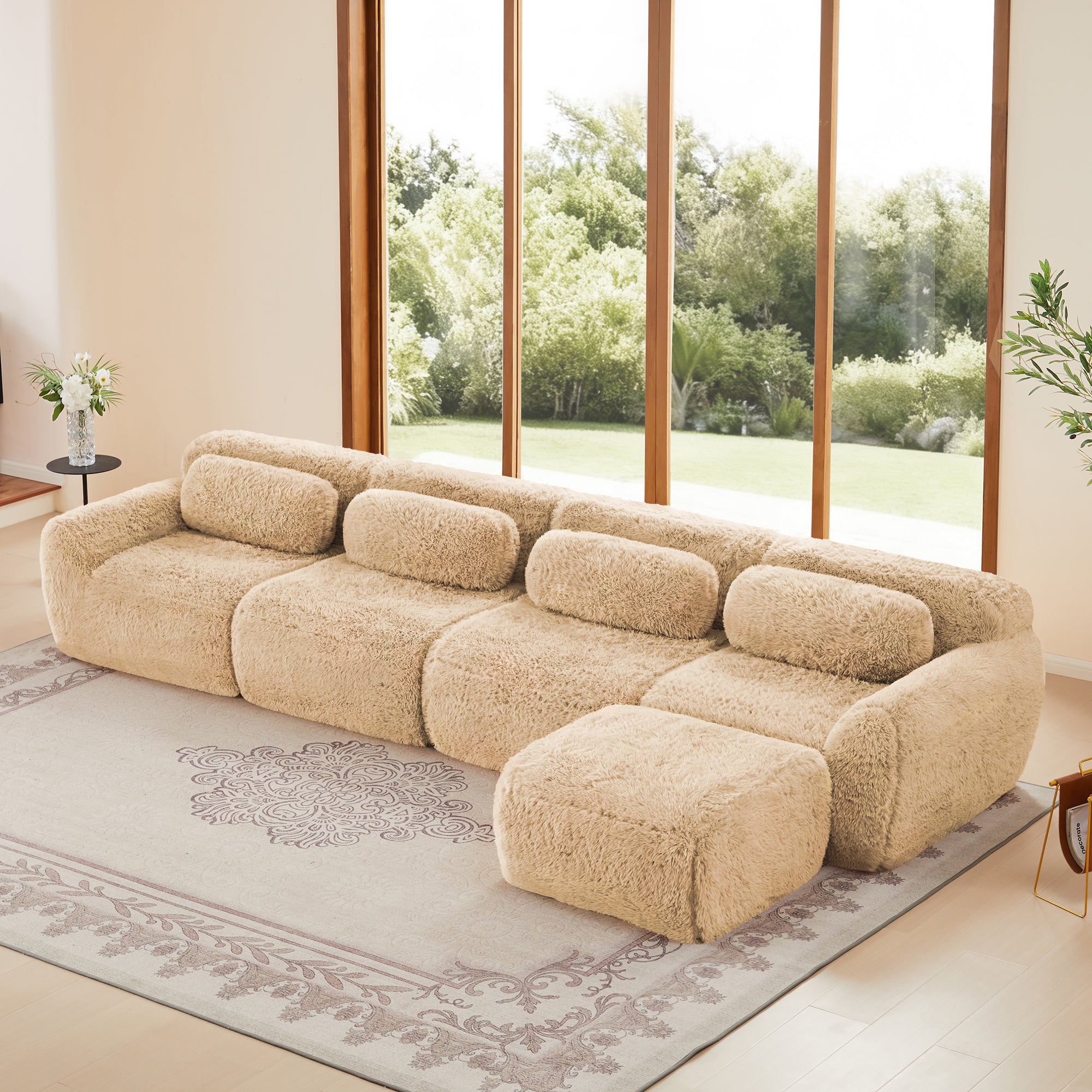 Modular L-shaped Sofa - Plush Fabric, No Assembly in light khaki with deep seats and back cushions, ideal for modern living rooms.