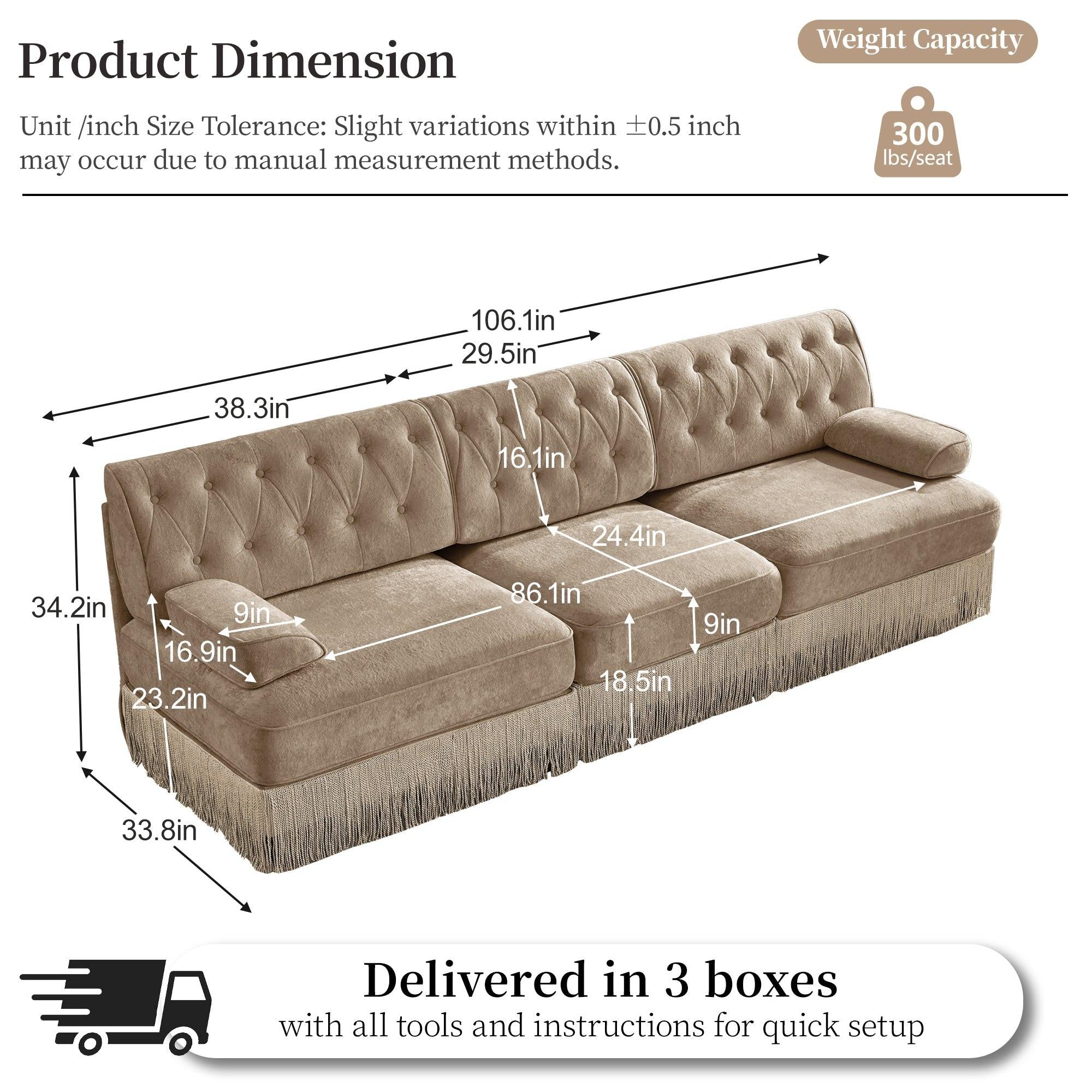 3-Seater Pet-friendly Velvet Sofa with Tassel Fringe Skirt.