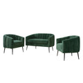 Mid Century Modern 3-Piece Chenille Living Room Set with Metal Legs, Green Loveseat & Accent Chairs