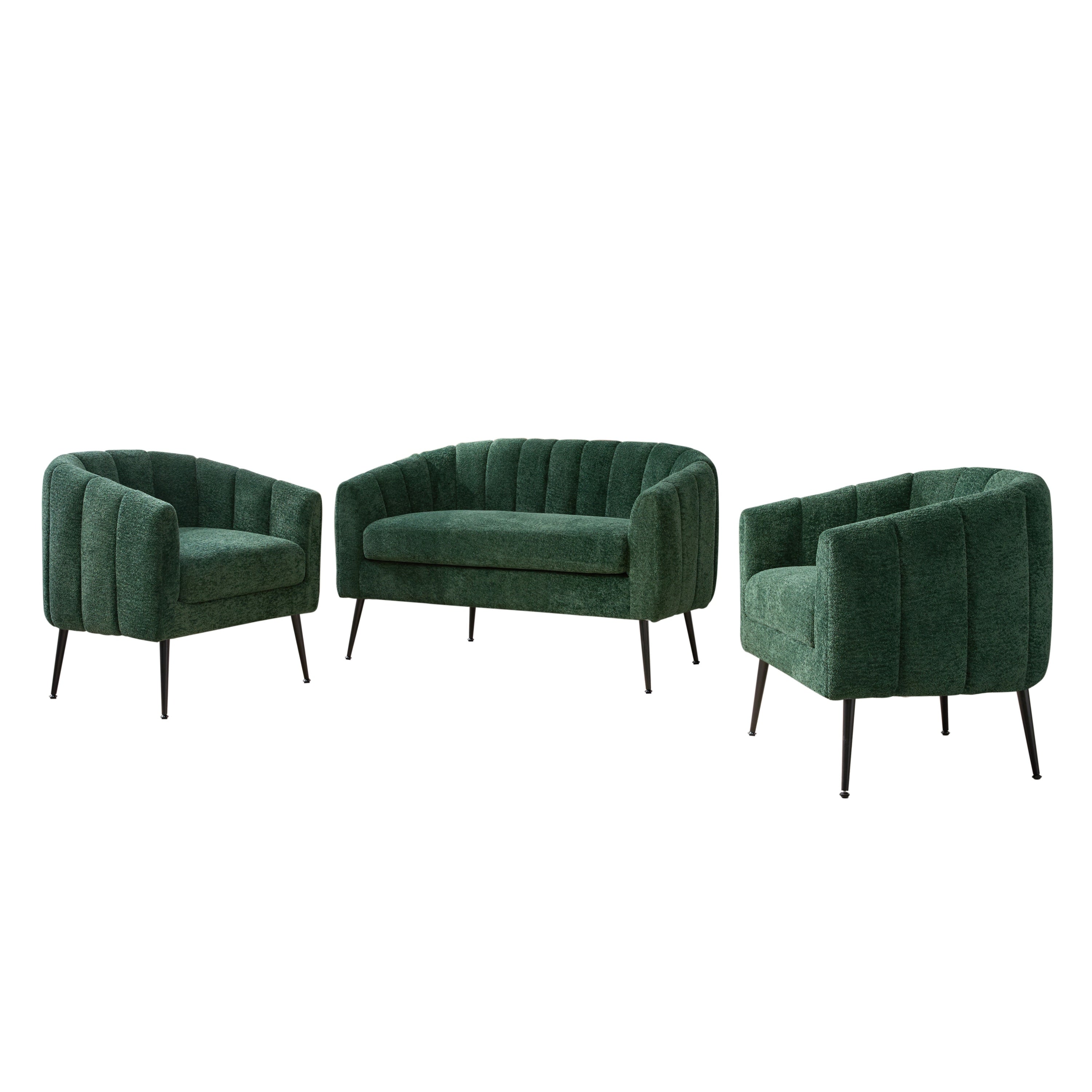 Mid Century Modern 3-Piece Chenille Living Room Set with Metal Legs, Green Loveseat & Accent Chairs