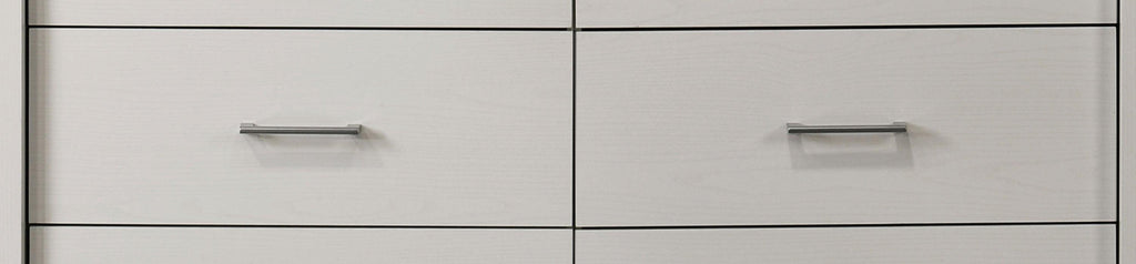 White 6-Drawer Dresser with Silver Handles.