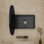 Open Round Black Metal Medicine Cabinet with Mirror showing interior adjustable glass shelves and matte black finish.