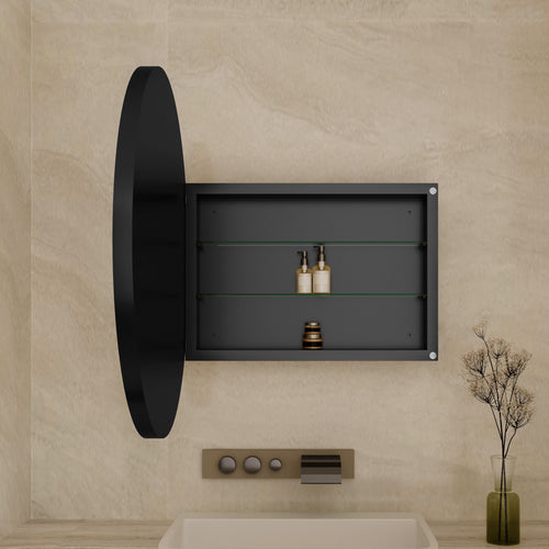Open Round Black Metal Medicine Cabinet with Mirror showing interior adjustable glass shelves and matte black finish.