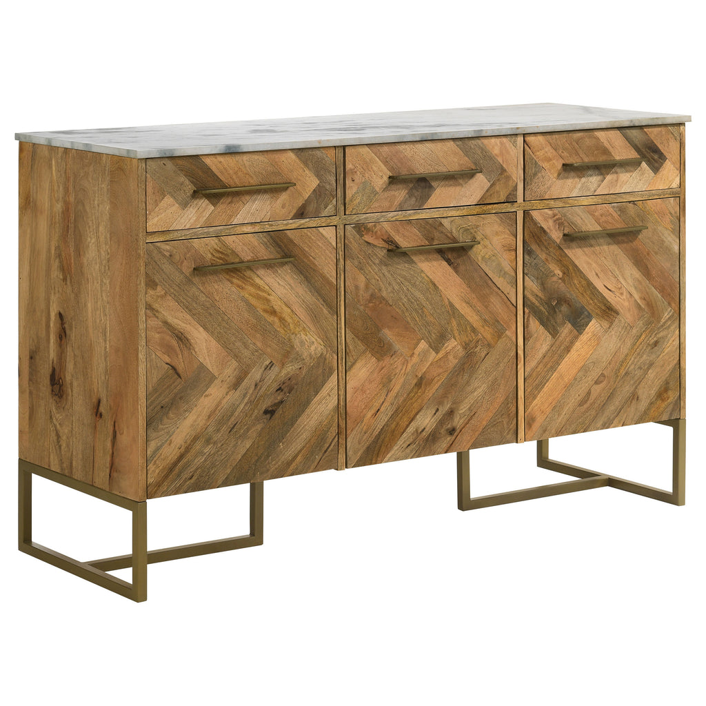 Natural wood buffet featuring a herringbone pattern, white marble top, brass hardware, and gold metal base.