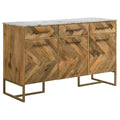 Natural wood buffet featuring a herringbone pattern, white marble top, brass hardware, and gold metal base.