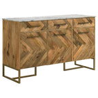 Natural wood buffet featuring a herringbone pattern, white marble top, brass hardware, and gold metal base.