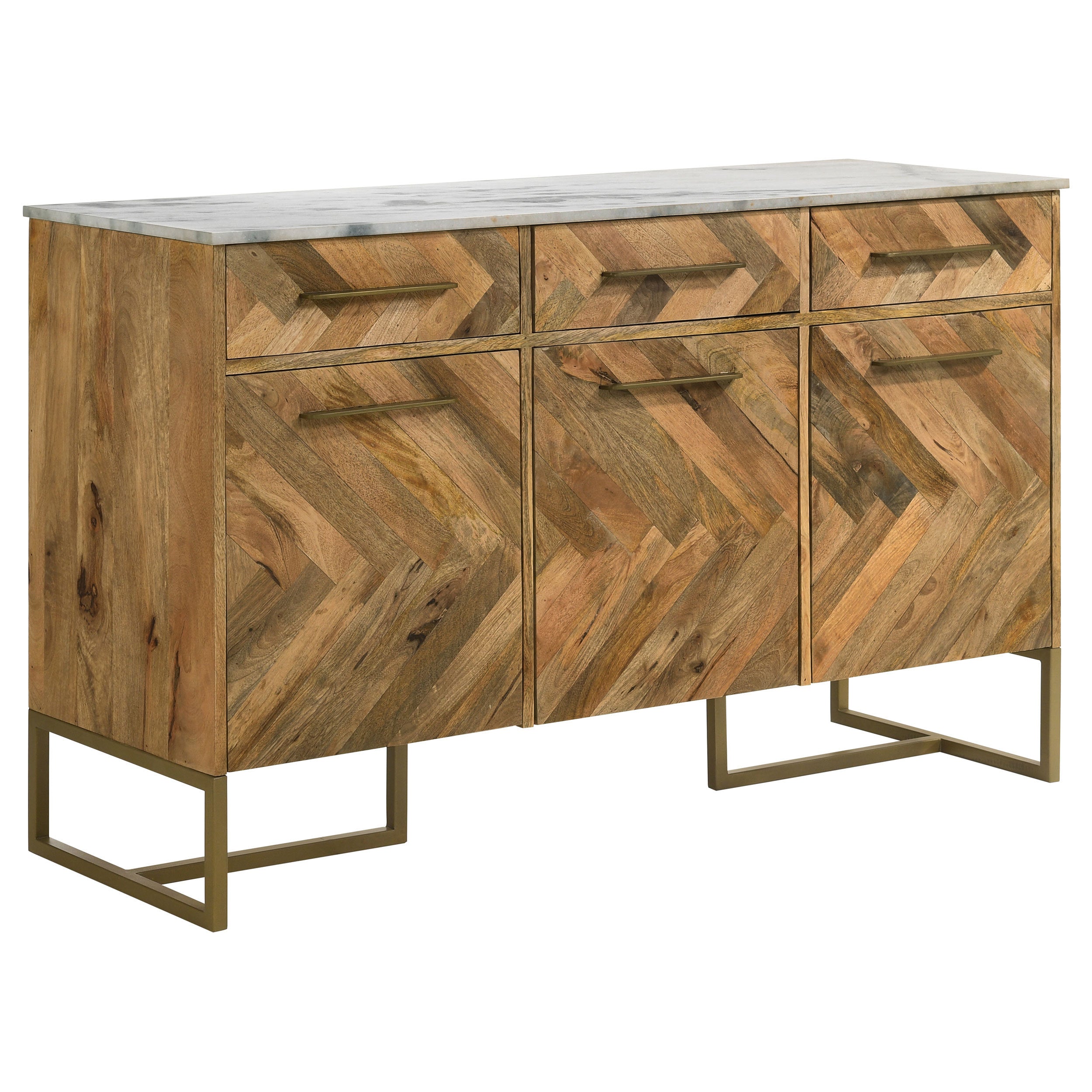 Natural wood buffet featuring a herringbone pattern, white marble top, brass hardware, and gold metal base.