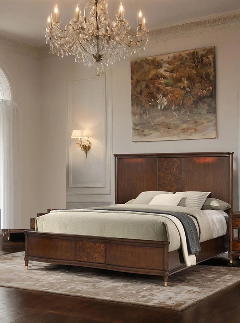 Queen Size Dark Cherry Bed Frame with Gold-Capped Legs.