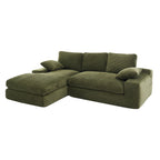 Green corduroy sofa with L-shaped design, foam-filled cushions, and pillows, ideal for stylish and comfortable living room setups.