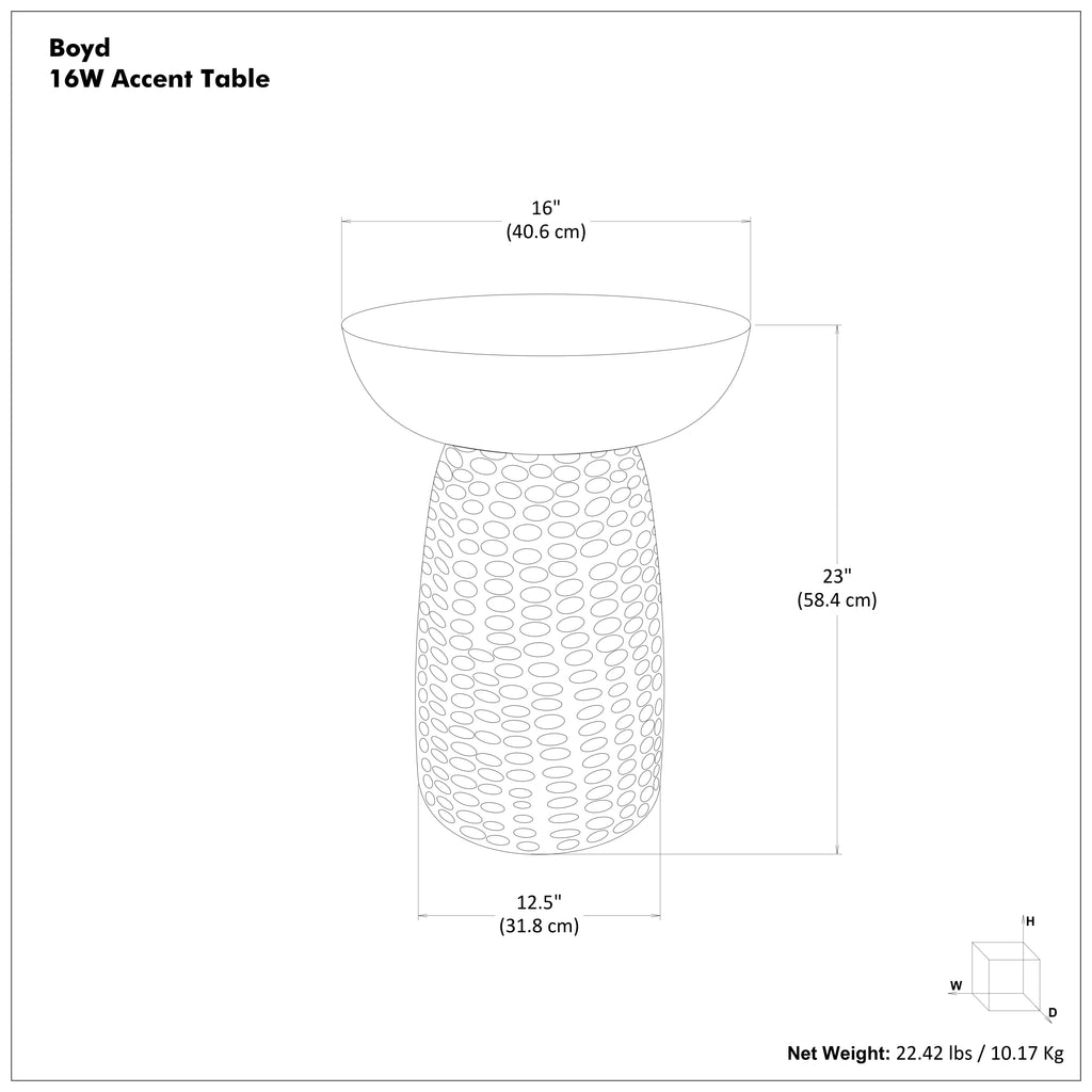 Dimension diagram of Boyd 16 inch Table - Mango Wood Accent showing 16 inch width and 23 inch height.