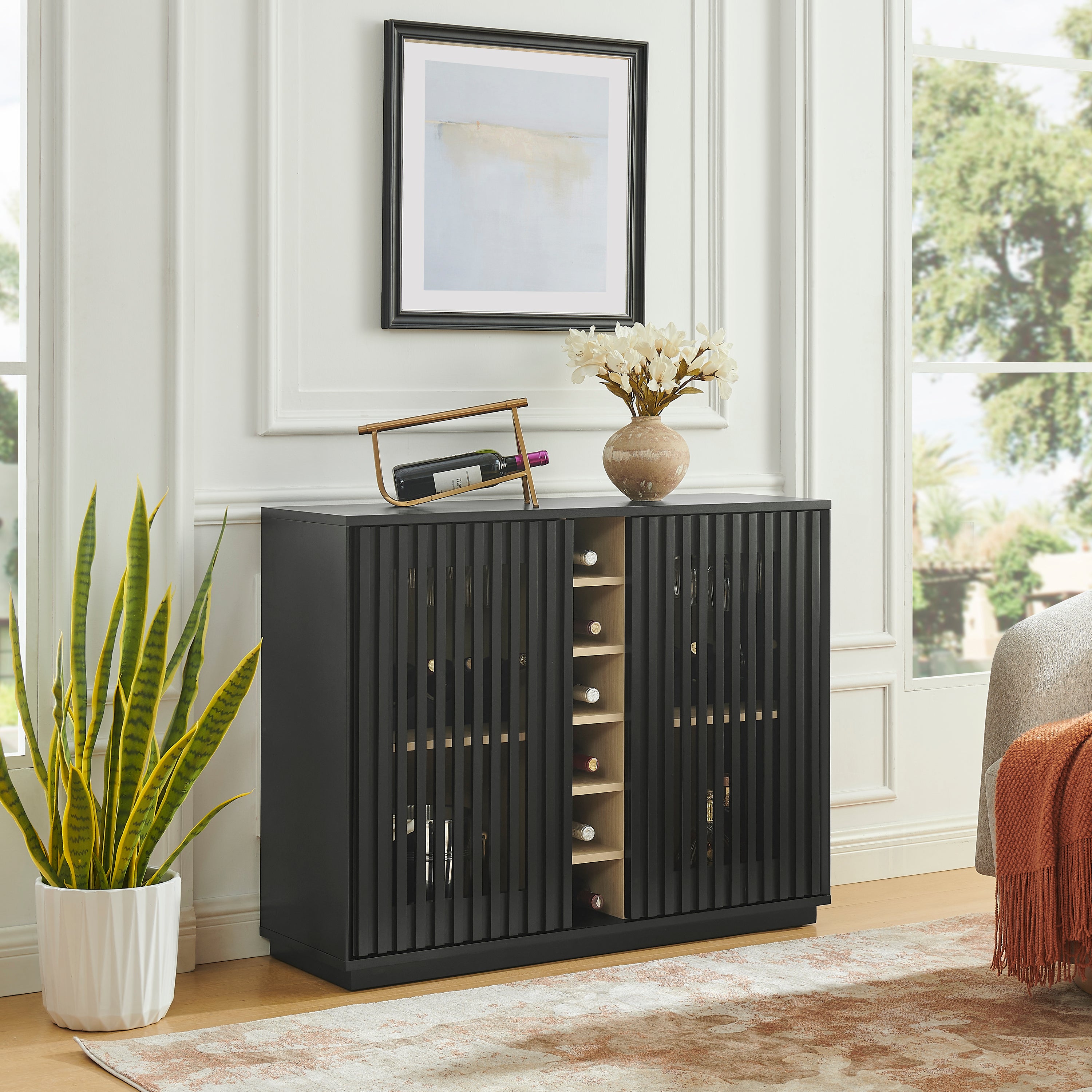 Black Fluted MDF Liquor Cabinet with Wine Rack and Storage