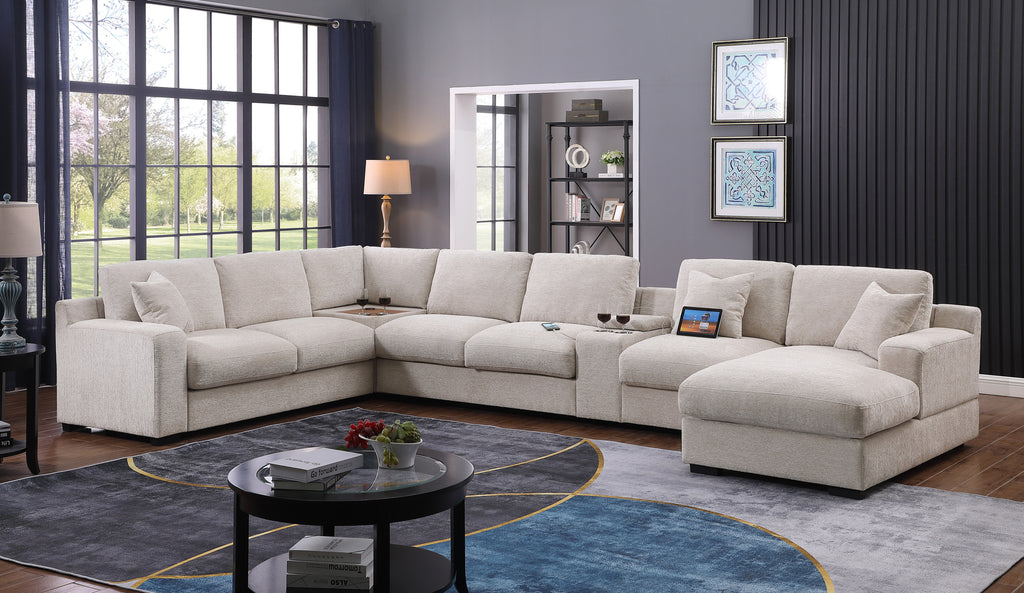 Modern living room with beige chenille sectional sofa featuring chaise, USB ports, and cupholders for tech-friendly comfort.