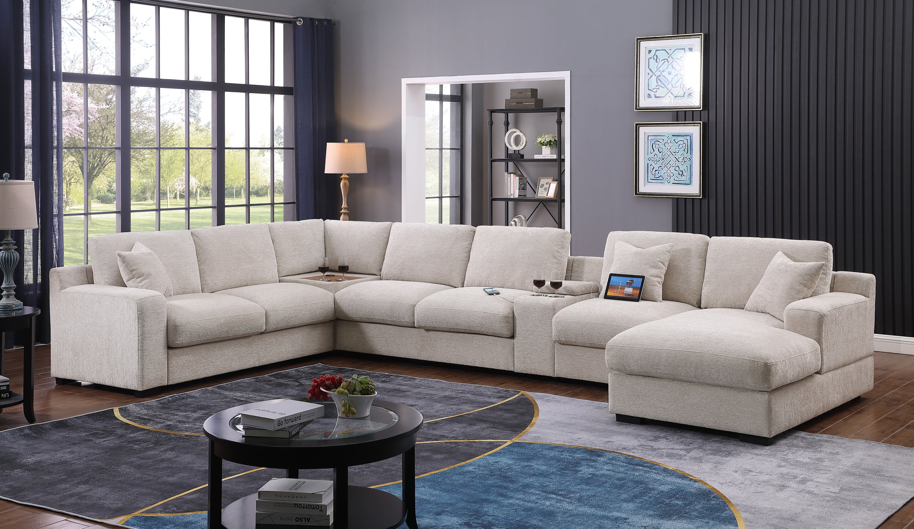 Modern living room with beige chenille sectional sofa featuring chaise, USB ports, and cupholders for tech-friendly comfort.