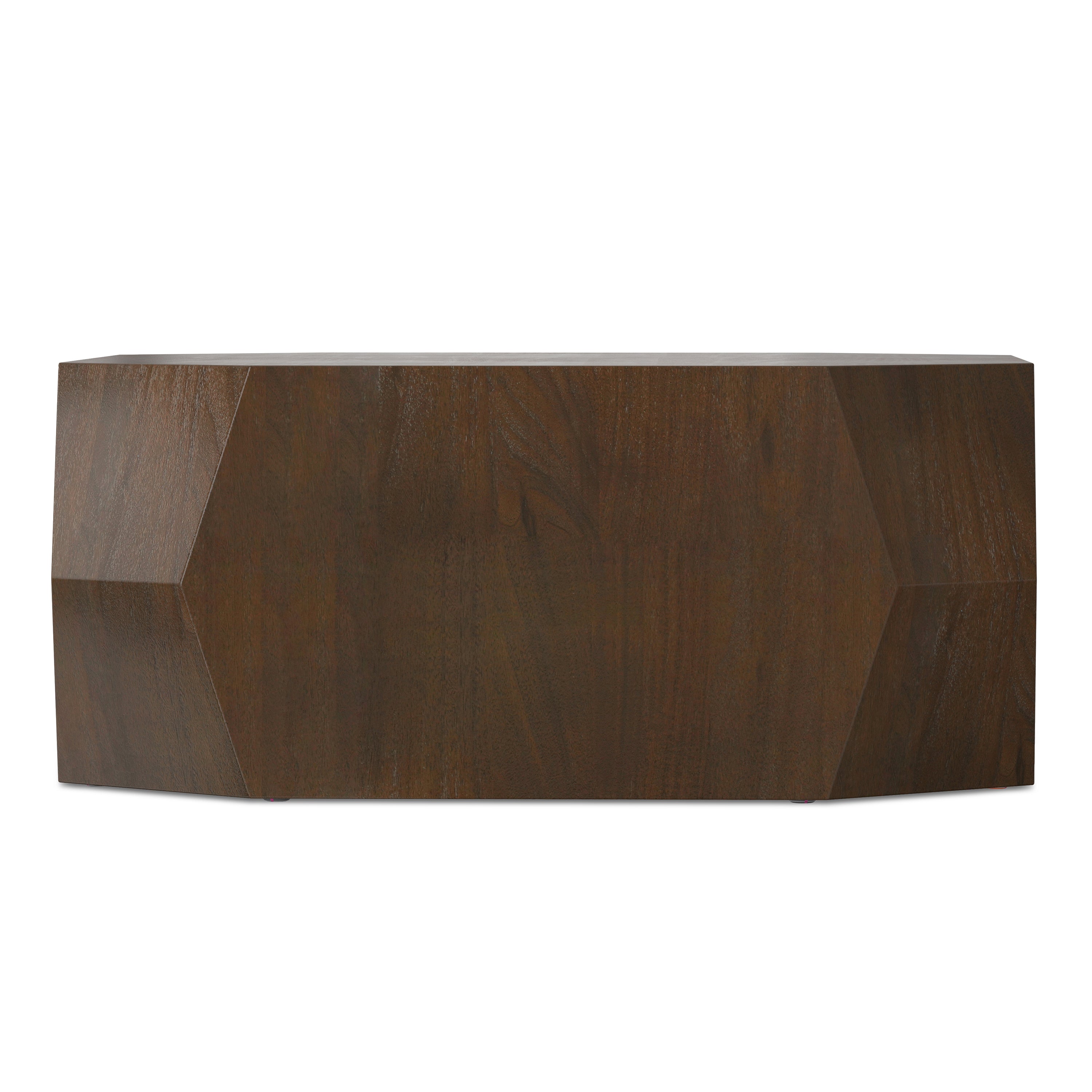 Side profile of Eisley Walnut Coffee Table from India showcasing faceted geometric shape and rich acacia veneer finish.