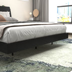 Low-profile Queen Floating Bed Frame with hidden support legs. Sleek black frame creates a floating effect for a modern bedroom look.