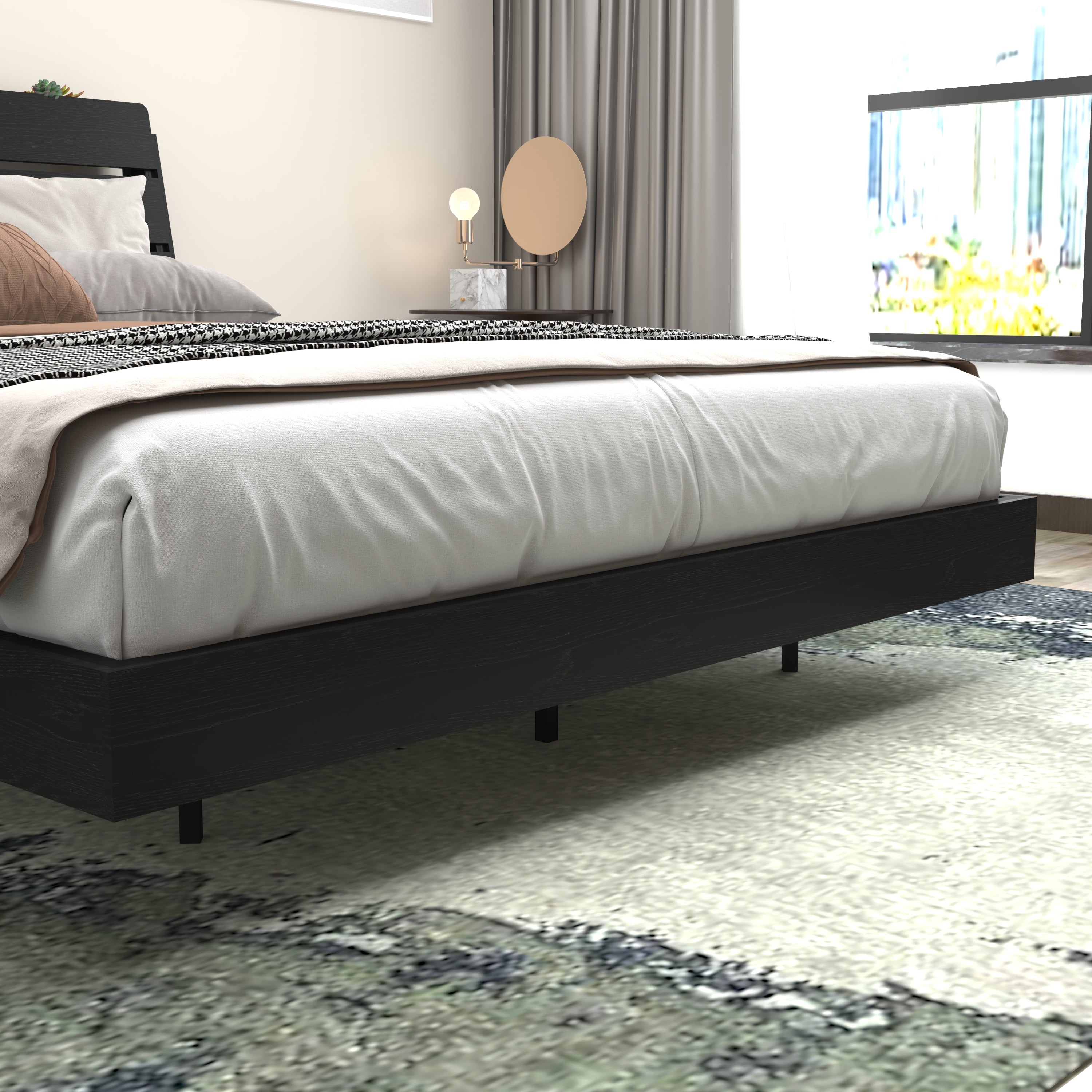 Low-profile Queen Floating Bed Frame with hidden support legs. Sleek black frame creates a floating effect for a modern bedroom look.