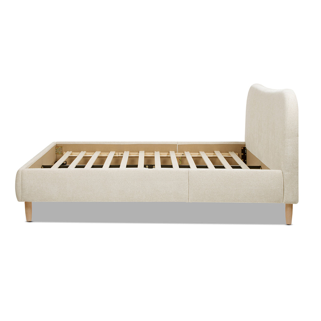 Side view of Platform Bed - Beige Upholstered Curved Headboard displaying sturdy wooden slats and soft chenille upholstery for a sleek profile.