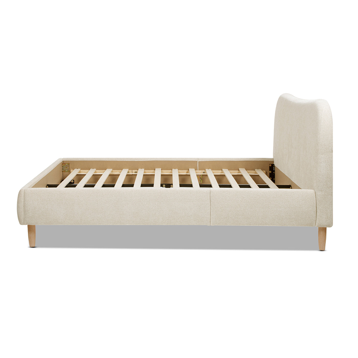 Side view of Platform Bed - Beige Upholstered Curved Headboard displaying sturdy wooden slats and soft chenille upholstery for a sleek profile.