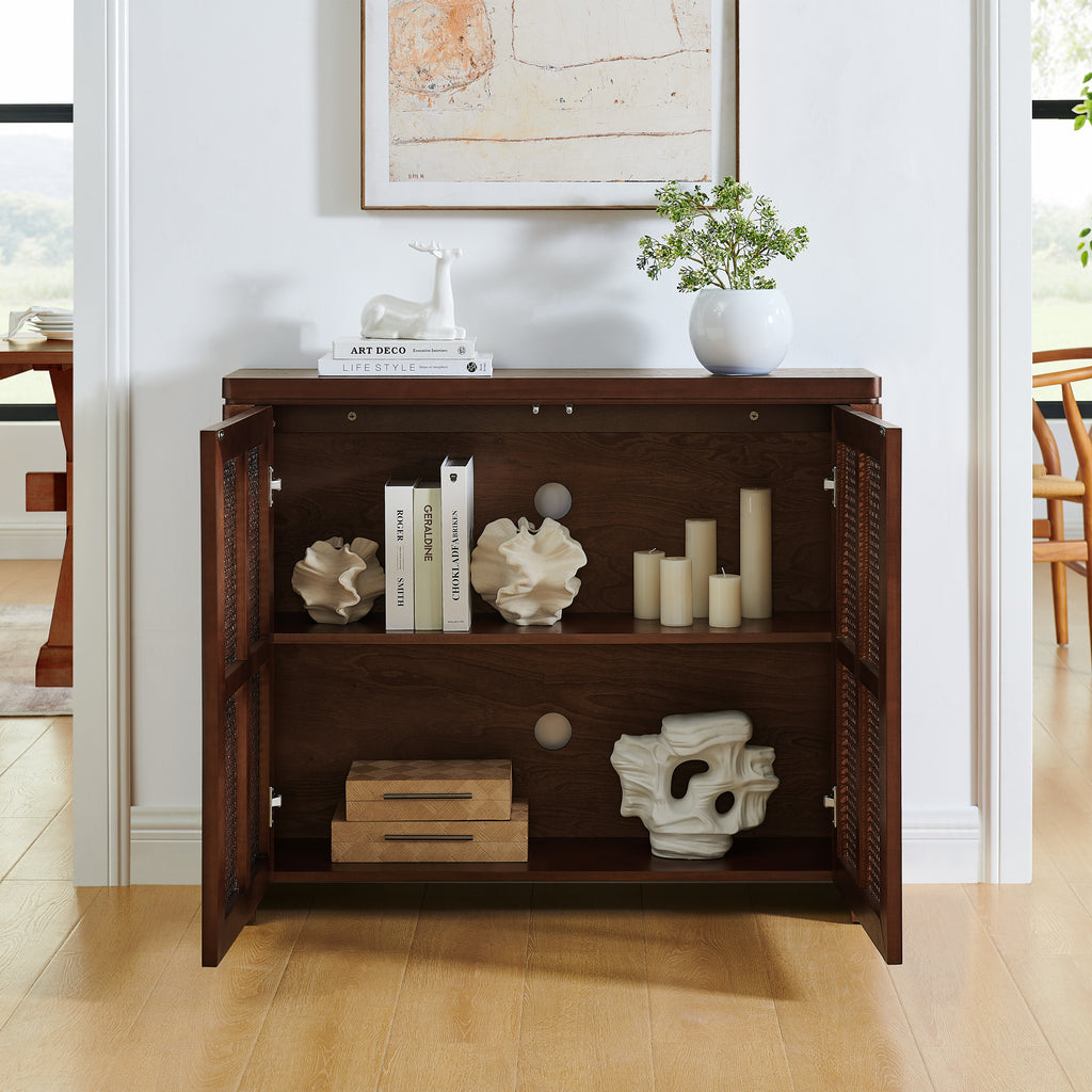 Interior view of Mid Century Rattan Sideboard Cabinet with outlet holes and adjustable shelving for organized storage.