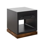 Angled view of Nora 22 Inch End Table showing sleek black frame, whiskey wood base, and minimalist modern design.