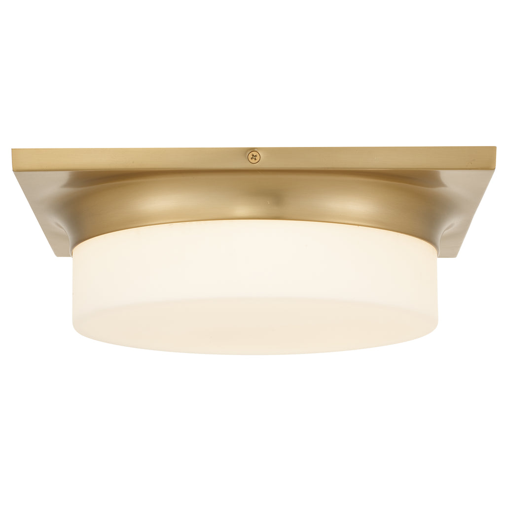 Bottom view of Antique Brass LED Flush Mount Light Fixture with wide frosted diffuser and square brass trim for uniform ceiling lighting.
