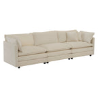 Angled view of 3-seat beige chenille sectional sofa. Modular design allows flexible arrangement in modern spaces.