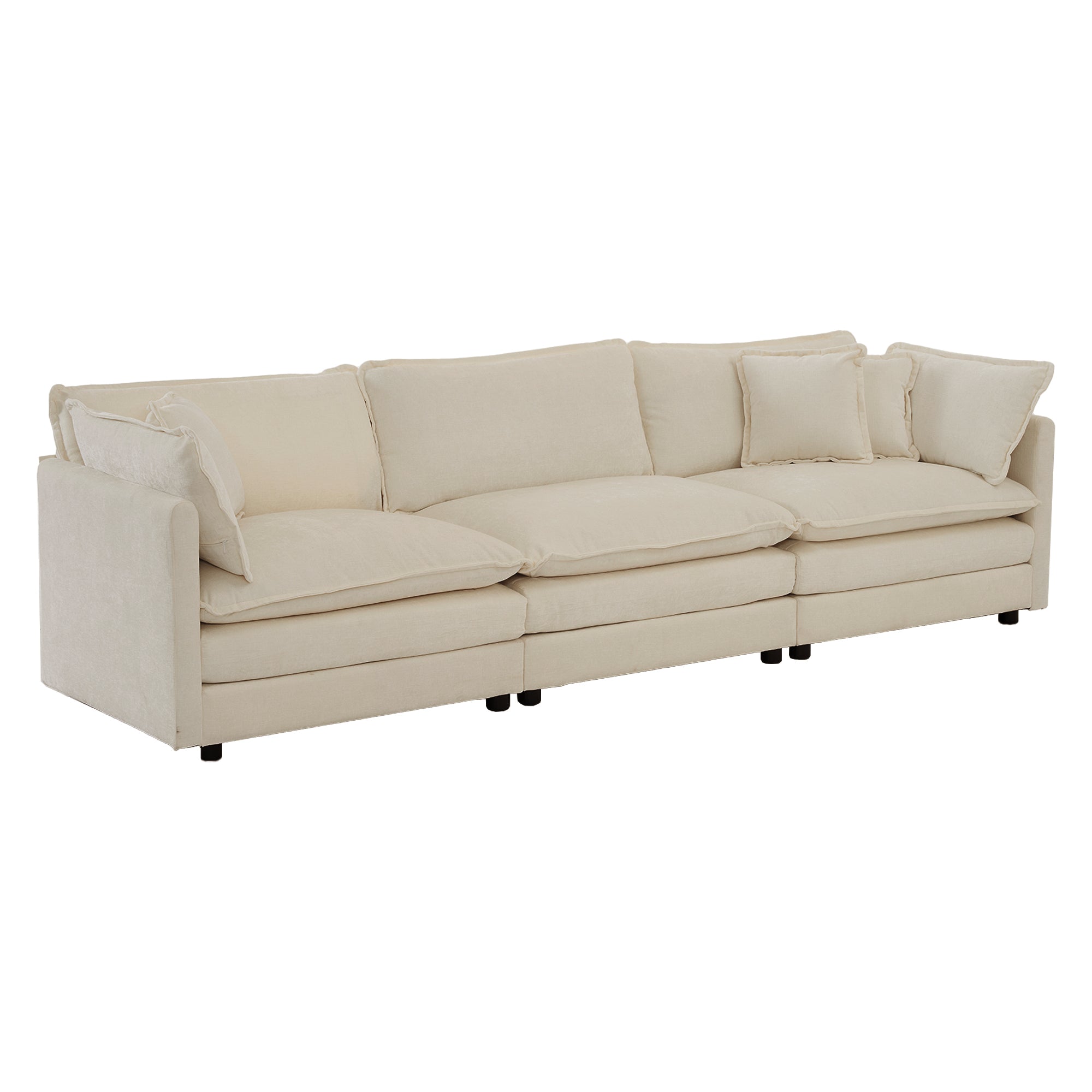Angled view of 3-seat beige chenille sectional sofa. Modular design allows flexible arrangement in modern spaces.