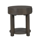 Light brown round MDF end table with clean lines and a lower shelf, designed for small spaces and modern decor.