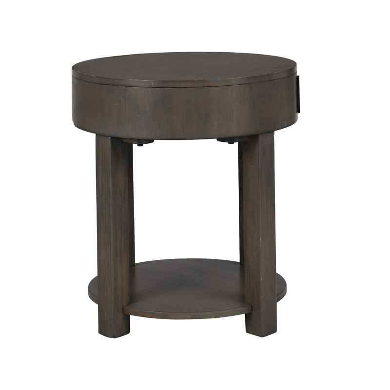 Light brown round MDF end table with clean lines and a lower shelf, designed for small spaces and modern decor.