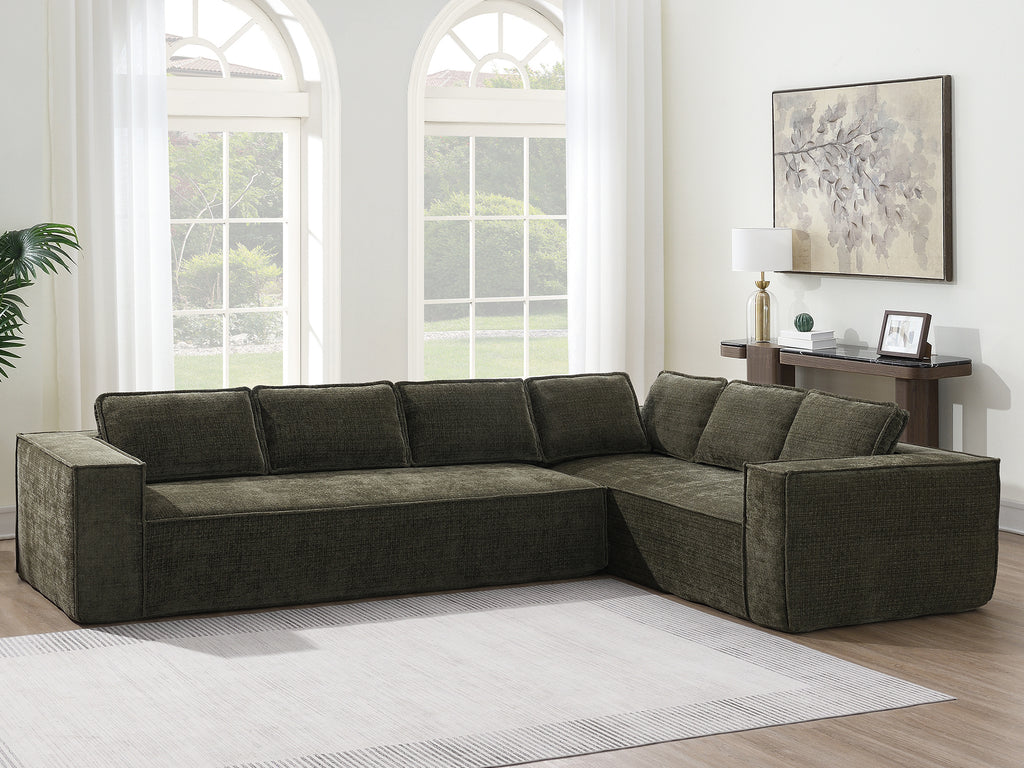 Full view of Modular Chenille Sectional Sofa in a sunlit room, highlighting its contemporary design and spacious seating.