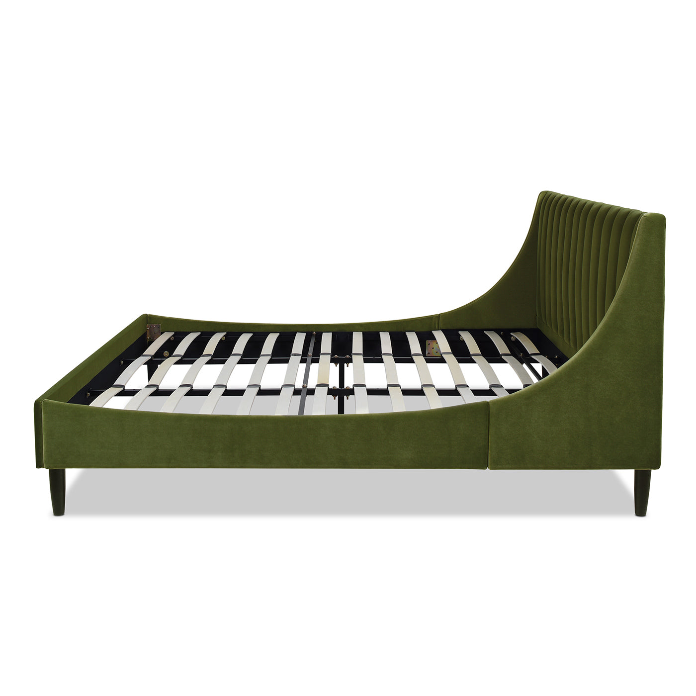 Side profile of Aspen Olive Green Velvet King Bed Set, showing curved side panels and slatted platform frame.