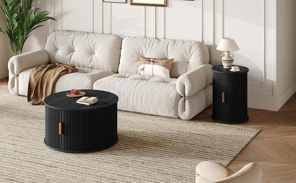 [Assembly Video] Mid-Century Coffee Table Set with Sliding Tambour Door, Round Fluted End Table With Storage, Golden Handle Tall & Low Side Table with Wooden Finish for Living Room, Set of Two, Black