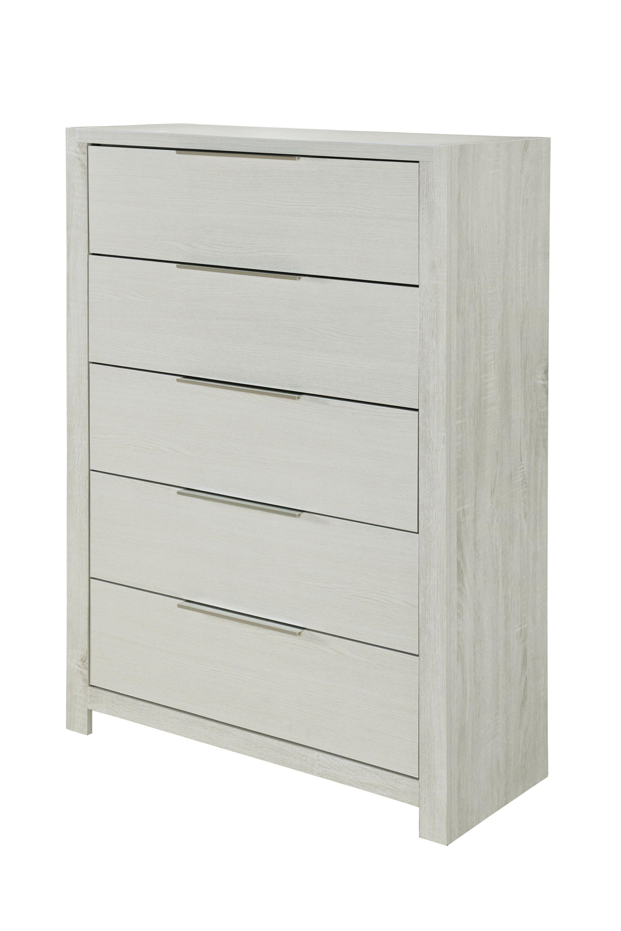 Angled view of modern beige 5-drawer storage chest, showcasing minimalist design and smooth wood finish for bedroom use.