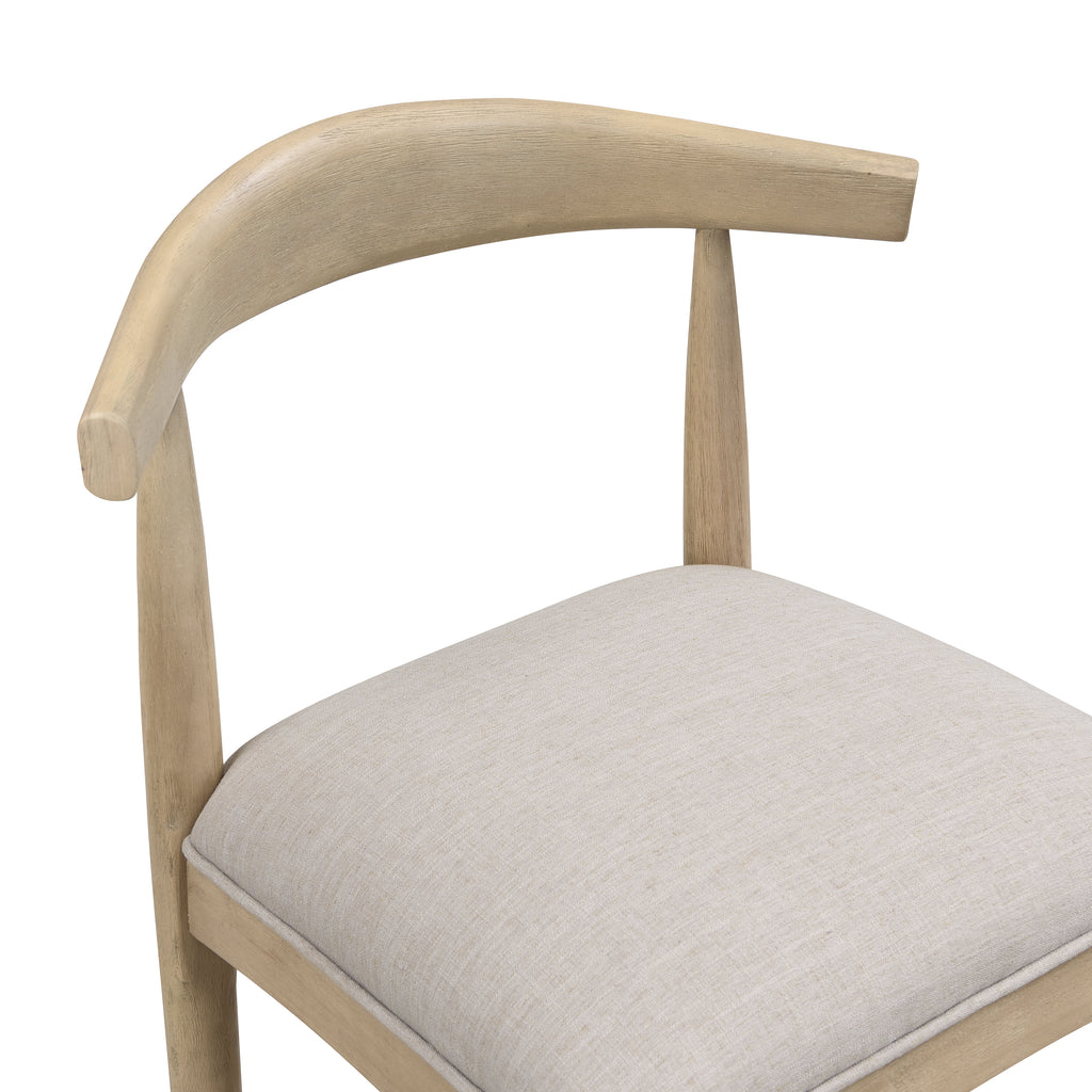 Close-up of curved wooden backrest and grey cushioned seat of Stylish Bar Stool - Pebble Fabric, emphasizing craftsmanship.