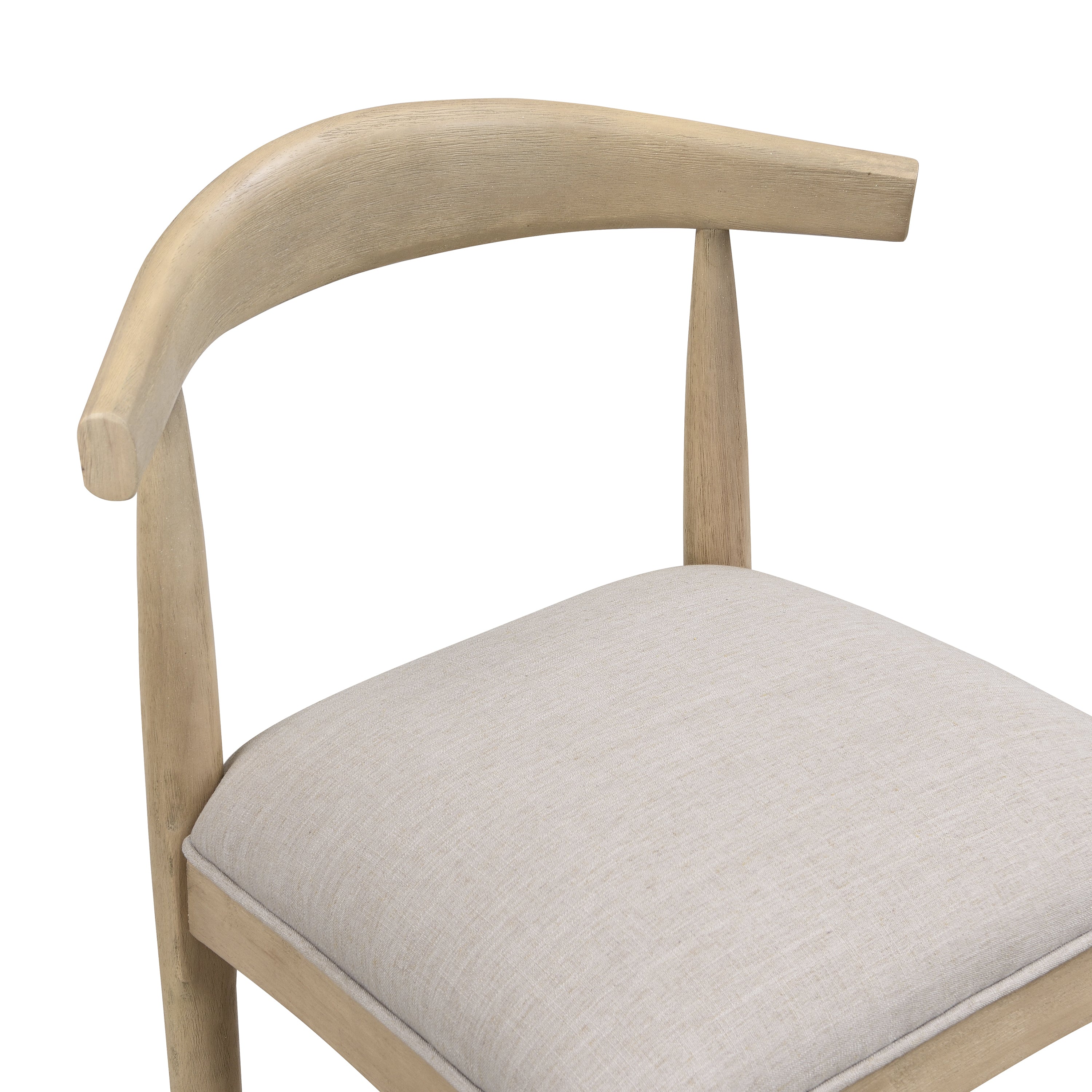 Close-up of curved wooden backrest and grey cushioned seat of Stylish Bar Stool - Pebble Fabric, emphasizing craftsmanship.