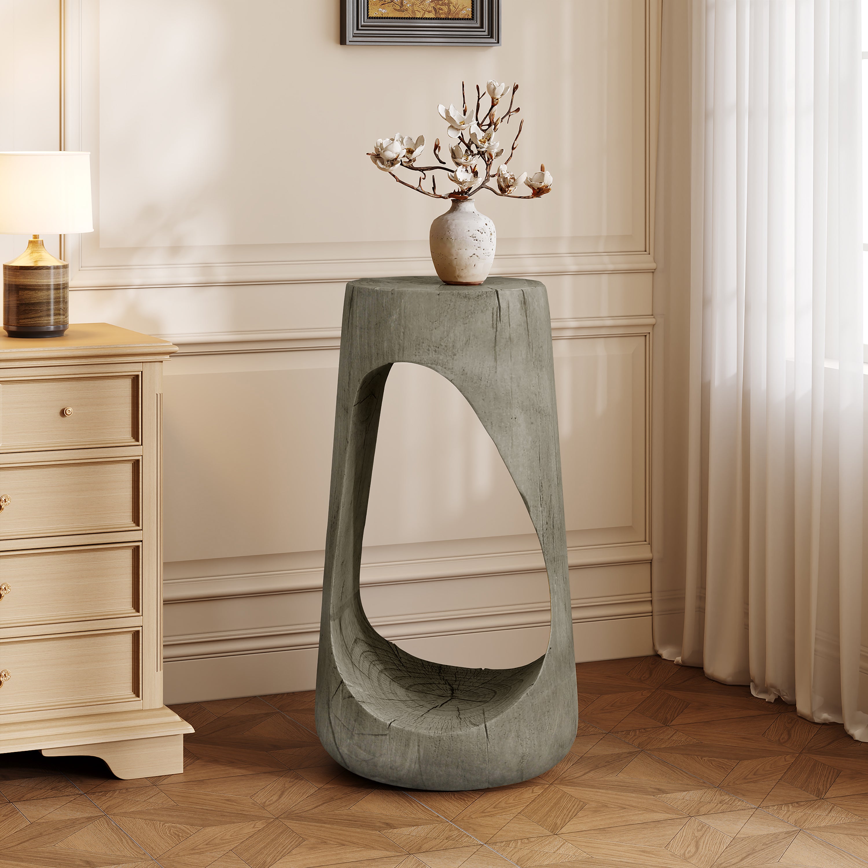 Grey Concrete Hollow Outdoor End Table with Wood Grain Texture