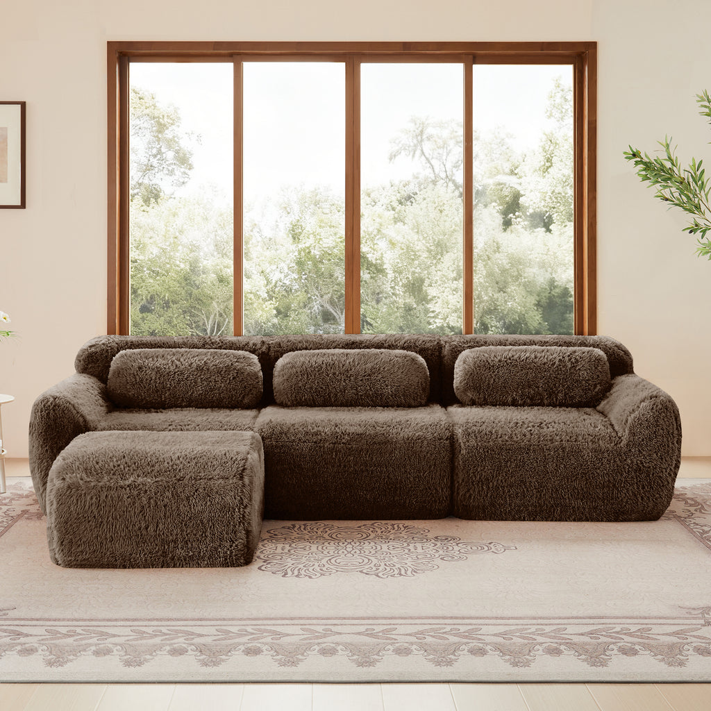 Front view of chocolate plush modular sofa with non-slip base and movable ottoman, ideal for cozy and modern interiors.