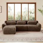 Front view of chocolate plush modular sofa with non-slip base and movable ottoman, ideal for cozy and modern interiors.