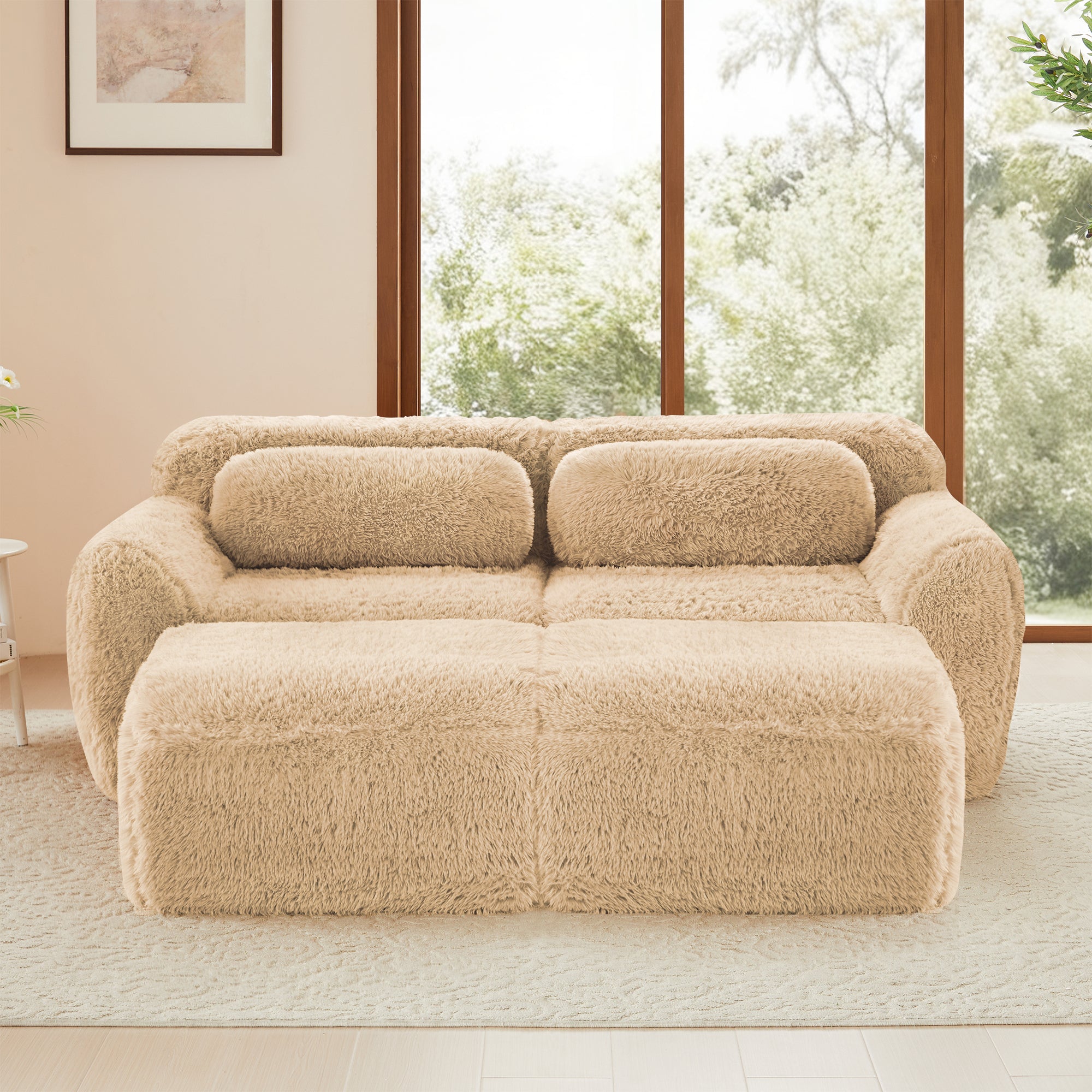 Front view of plush fabric modular sectional sofa with anti-slip base and ergonomic cushions in a cozy indoor setting.