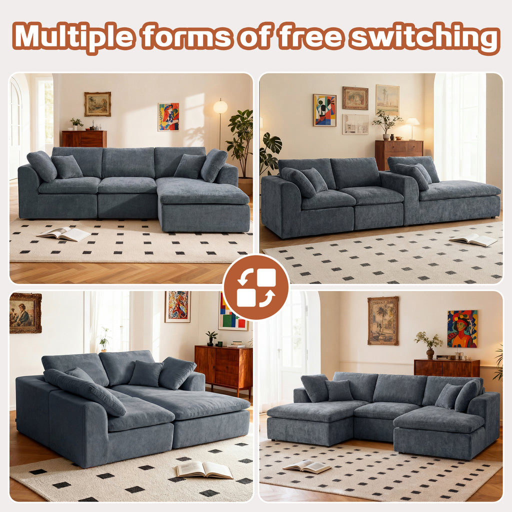 Multiple configurations of the L-Shaped Sectional Sofa - Modern Reversible Chaise Couch displayed in a bright living room setting.