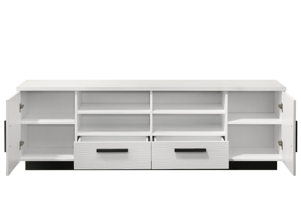 White TV Stand with Drawers | 70.5' Storage Unit with all compartments open, revealing adjustable shelves and spacious interior for organized media storage.