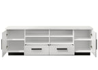 White TV Stand with Drawers | 70.5' Storage Unit with all compartments open, revealing adjustable shelves and spacious interior for organized media storage.