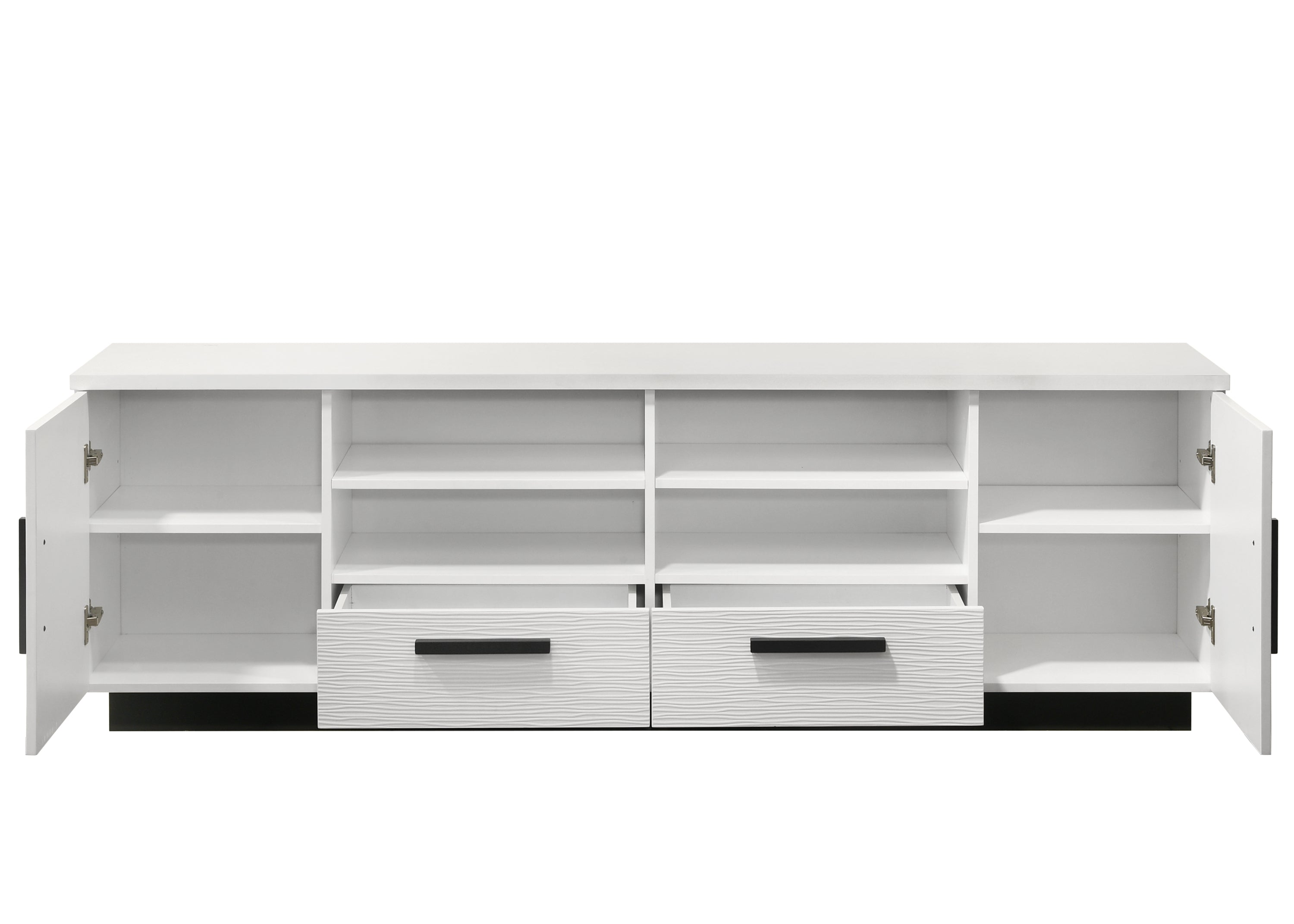 White TV Stand with Drawers | 70.5' Storage Unit with all compartments open, revealing adjustable shelves and spacious interior for organized media storage.