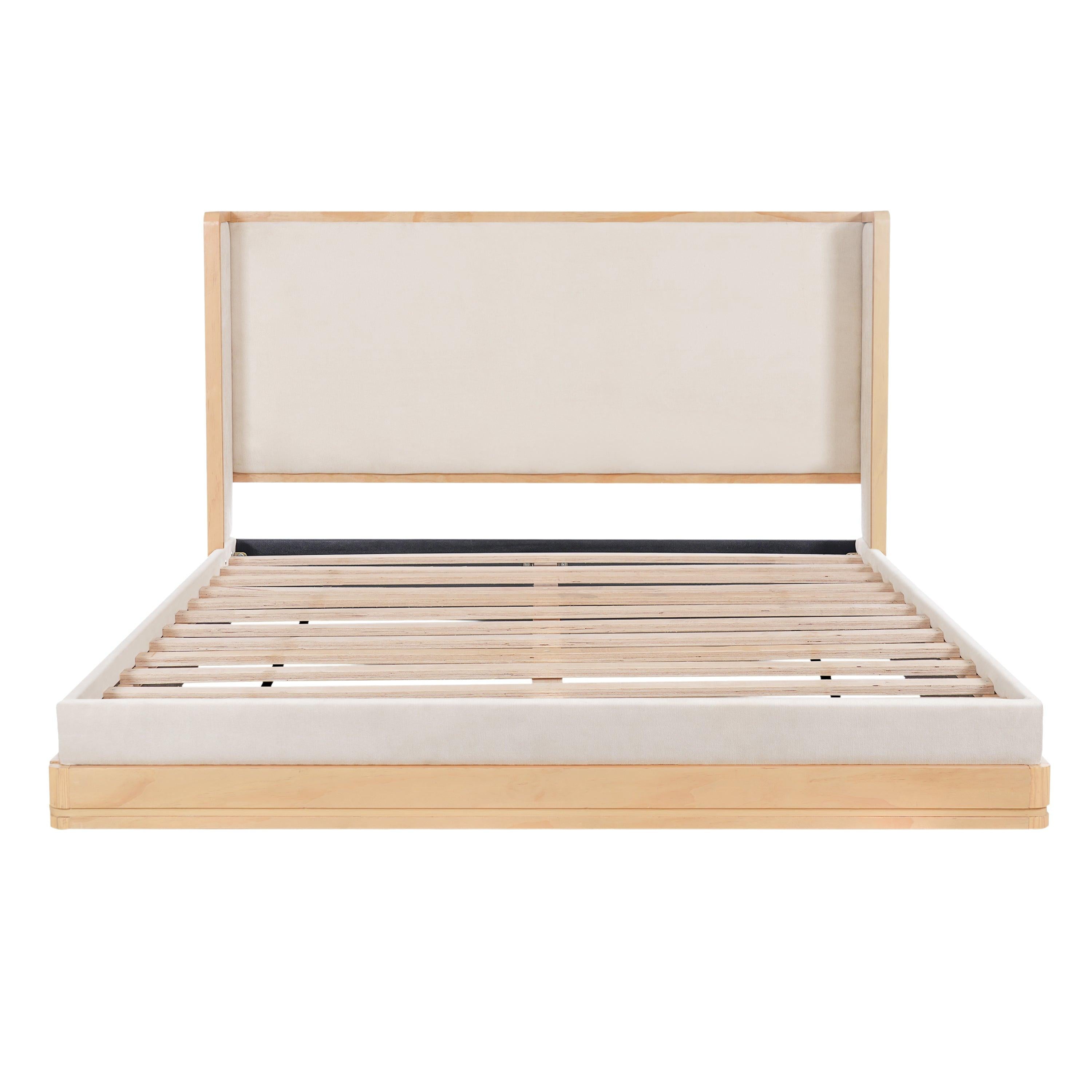 Mid-Century Modern Beige Upholstered Platform Bed.