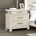 Transitional Nightstand with Marble Top and Metal Handles.