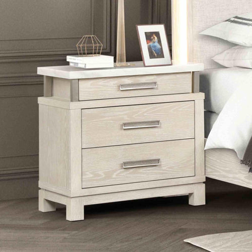 Transitional Nightstand with Marble Top and Metal Handles.